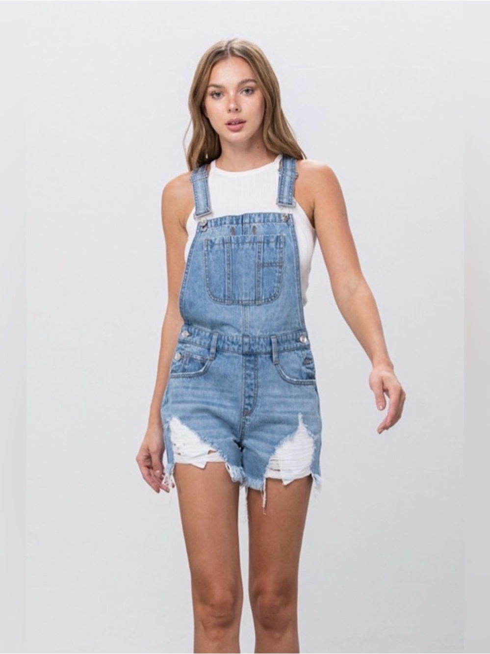 Light Blue Distressed Denim Short Overalls